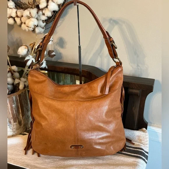 Frye Heidi Leather Fringe Hobo Shoulder Bag Cognac Brown Retail $458 - Picture 4 of 12